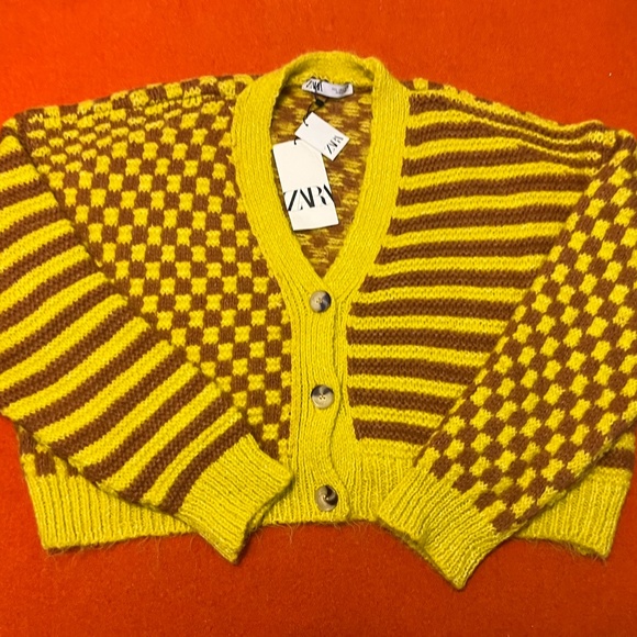 Zara yellow and brown checks stripes touch of wool jacquard knit cardigan NWT - Picture 3 of 11